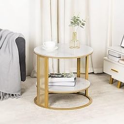 EDEUEQUE Marble Coffee Table Modern 2-Tier Diameter Round Sofa Bedside Table Golden White End Table Living Room Unique Grid Frame Open Storage Shelf Bedroom Nightstand-image-69