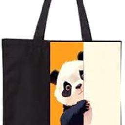 Canvas Tote Bag with Panda Design, Black and Orange Color Block Pattern-41