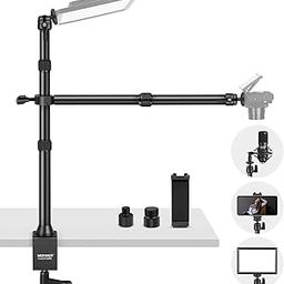 NEEWER Tabletop Overhead Camera Mount Stand with 2 Section Telescopic Extension Arm, Phone Holder, Ball Heads, Screw Adapters, Desk Light Stand for Camera, Phone, Webcam, Ring Light, TL253A+DS001-image-68