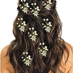 2207 Pearl Artificial Bridal Wedding/ hair flower accessories For Women's/ gajra / Juda Pin/Juda Bun/Hair Clip/ artificial flowers For hair / - Pack Of 8, White And Golden-image-9