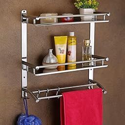 RUVEL Premium Stainless Steel Double Layer Bathroom Shelf with Towel Rod | Wall-Mounted Multipurpose Rack & Organizer | Sleek Chrome Finish | Rust-Proof, Space-Saving Design – Silver-image-58