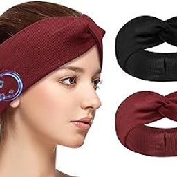 BULYPAZY 2-Pack Headband Headphones with Thin HD Speakers, Bluetooth Headband for Women, Stylish Knotted Headband, Cozy Band Headphones for Workout, Running, Yoga, Travel, Meditation - Red&Black-image-26