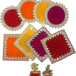 JAYMITA 4 * 4 Inch Velvet Decorative Temple Aashan Set, Round and Square Ashan with Crystal Border, Red Orange Yellow Purple, Religious Idol Base, Pack of 8, Chawki Altar Red Puja Ashan for Mandir-picture-13