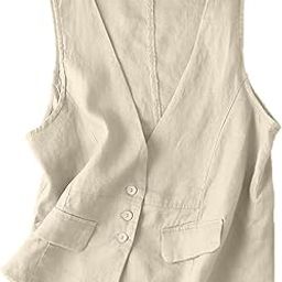 Womens Cotton Linen Vest Casual Loose V Neck Sleeveless Vests Jacket, Beige, Small-picture-40