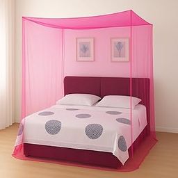 King Size Mosquito Net, 7x7 ft, Foldable Polycotton, Lightweight, Easy Setup, Blue (Pink, 7X7)-6