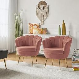 CROWN FURNITURE ART Barrel Chair with Golden Legs Armchair, Modern Sturdy Arm Chair Durable Upholstered Chair Wooden Armrest Chair for Living Room Bedroom Hotel Reading (Set of 2 Chairs (Pink)-image-63
