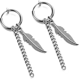 via mazzini Stainless Steel No-Piercing Clip-On Hanging Chain With Angel's Wing Charm Earrings For Men And Women (ER2464) 1 Pair-picture-2