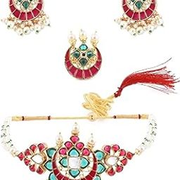 Green & Pink Kundan Multistrand Choker Necklace Earring & Ring Set For Women-ZPFK11441-image-17