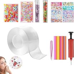 Nano Tape Kit, 27 Pcs Nano Tape Set, DIY Nano Tape Bubbles Kit for Making Bubbles Nano Tape with Glitter Flakes Stars Straw for Balloon Double Sided Ivy Grip Tape for Walls Washable Reusable DIY kit-12