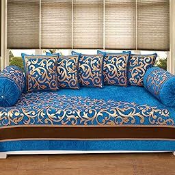 FRESH FROM LOOM 500 Tc Chenille Diwan Set for Living Room, Dining Hall (Blue, Single Bed) -8 Pieces-10