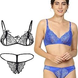 Women's-Net Bra Bikini Set Lingerie Set Full Coverage Non-Padded Non-Wired Honeymoon Set(Pack of 2)(Color -Blue,Black) Model No:114, 34-0