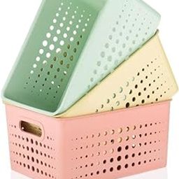 LEAWALL 3 Pieces Plastic Storage Basket Multipurpose Colorful for Kitchen & Home Organiser Box for Wardrobe, Fruits Vegetables, Toys, Stationary Items(25.2 * 19.2 * 12.2 CM)-image-95