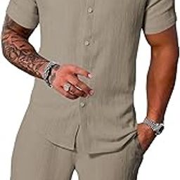 Men's 2-Piece Summer Outfit - Short-Sleeve Shirt and Matching Shorts (Shorts-Pair-2034)-picture-25