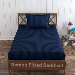 Roman. 300 TC Glace Cotton Satin Stripes Elastic Fitted Plain Single Bedsheet with one Pillow Covers Size: 60 * 90 inch(Navy Blue)-image-28
