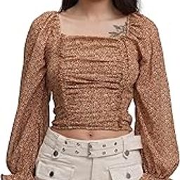 Women's Floral Printed Square Neck Top | Front Ruching | Long Puff Sleeves | Chic & Feminine | Perfect for Brunch, Dates | Tops for Woman | Women Tops | Stylish Top-picture-55