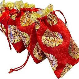 KRIWIN Pack of 50 pcs Women's Silk Drawstring Closure Small Size Gift Potli Bags Pouches(17.78 X 12.5 cm; Red & Golden)-image-10