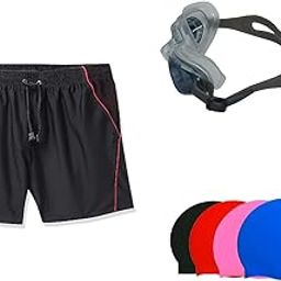 SWIMMING SHORTS V-216 BLACK RED PIPING SIZE 3XL WITH GOGGLES SILICONE IS-1600 WITH POUCH BLUE AND 100% SILICONE SWIMMING CAP PLAIN RED-image-68