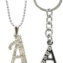 La Belleza Combo Pack of 2 Rhodium Plated 'A' Alphabet Letter Chain Pendant Necklace and 'A' Keychain with Stone Studded for Unisex Adult (Men & Women)-6