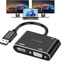 BLACK CROWN USB to HDMI VGA Adapter, USB 3.0/2.0 to HDMI VGA Converter, USB3.0 Male to HDTV VGA Female Compatible with Win-dows XP/7/8/8.1/10/11, Android Devices-12