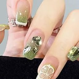 Secret Lives® acrylic press on nails designer artifical fake nail extension green lemon design with green studs set of 24 pieces with kit-15