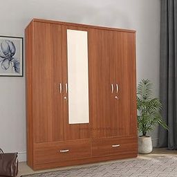 CASPIAN Furniture 4 Door Wardrobe for Bedroom with Mirror Outer Drawers Shelves Wooden Cupboard | Lockable Almirah (Light Brown) (75 x 60 x 19 inches)-image-94