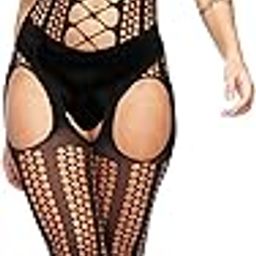 Women Fishnet Bodystocking Attached Stockings Sexy Lingerie Crotchless Bodysuit (MS-2027,One Piece Babydoll One Size)-image-17