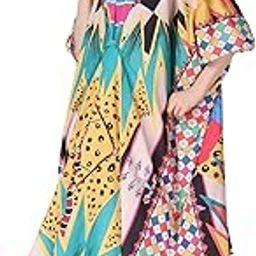 Abstract Geomatric Waves Crepe Maxi Length Kaftan Dress For Women Multicolor Freesize-10