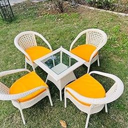 TERRALUXE Designer 4 Chair 1 Table for Garden|| Balcony|| Terrace|| Coffee|| Patio ||Wicker Seating Chair and Table Set Outdoor Furniture (D-8 OFFWHITE with 4 Chair 1 Table with Yellow Cushions)-image-47