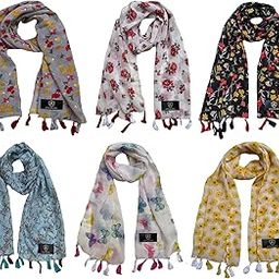 � Women's Printed Chiffon Multicolored Scarf and Stoles with Tassels - Set of 6 (LDS10248)-0