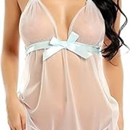 Women's Satin Transparent Babydoll Lingerie with Lacy Cups & Stylised Back Floral Above Knee Honeymoon Night Dress-image-65