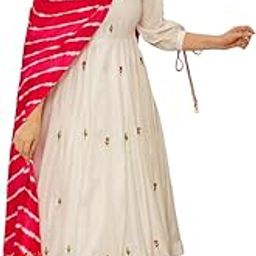 Floral Embroidered White Anarkali Kurti with Pants and Red Tie-Dye Dupatta, 3 Piece Ethnic Set-image-41