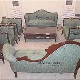 CLASSIC WOOD & CRAFT® 10 Seater Royal Green Sofa Set with Table and Side Stool in Teak Wood with Elegant Look and Design for Living Room/Patio-image-22