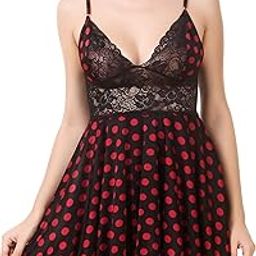 Women Polka Print Babydoll Lingerie(Red Black)-image-0