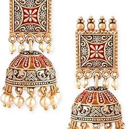 24K Gold Plated Enamel Handpainted & White Beaded Filigree Jhumka Earrings For Women-43