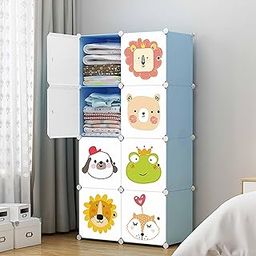 AYSIS Almirah for Clothes,Plastic Collapsible Wardrobe for Clothes for Kids Clothes/Toy/Book, Space-Saving Wardrobe for Clothes Storage in Bedroom Nursery,Cartoon (Blue, 8-Shelf-8-Door)-image-123