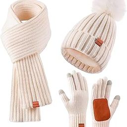 Women Winter Hat Scarf Gloves Set,Winter Scarf for Women,Beanie Hat Neck Warm Scarf and Touchscreen Gloves Set 3PCS, White, One Size-X-Large-image-53