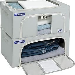 BOXJOY Foldable 𝐒𝐭𝐞𝐞𝐥 𝐅𝐫𝐚𝐦𝐞 24L Pack of 2 Clothes Storage Organizer Box for Saree Blankets Clear Window Front & Top Open Almirah Wardrobe Organiser Closet Basket for Cloth Cupboard Shelves-30