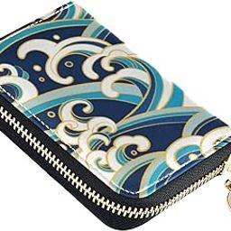 Vintage Sea Waves RFID Credit Card Wallet, Microfiber Leather Zipper Card Case Holder for Women-image-77