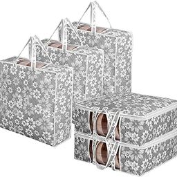 Kuber Industries Blanket Cover | Waterproof Underbed Storage Bag | Wardrobe Storage Bag | Visible Window with Handle | Bedding Clothes Bag | Flower Quilted Comforter Bag | Pack of 5 | Gray-image-36