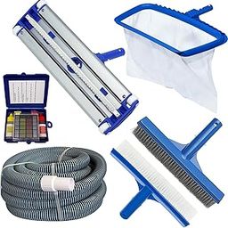 POOLTOOL Swimming Pool Cleaning Kit, Deep Leaf Rake Net Bag Net, Algae Cleaning Brush 10", Wall Brush 10", Vacuum Hose Pipe 9 meter/30 Feet EVA Suction Pipe, Vacuum Head 17.5", Test Kit (Cleaning Set)-14