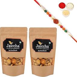 Jaiccha Ghasitaram Rakhi Gifts for Brothers - Pack of 2 Tea Time Biscuits 100 GMS in Brown Paper Pouch with Rudraksh Rakhi-image-94