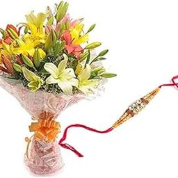 Floral Fantasy® Original Real Fresh Flower Bouquet For Rakhi Gift (Bunch Of 10 Mix Lilies with one Rakhi)-image-44