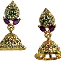 Traditional Brass Jhumka Earrings for Women and Girls | Gold Plated Ethnic Jhumki with Colorful Stones | Lightweight Jewellery-4