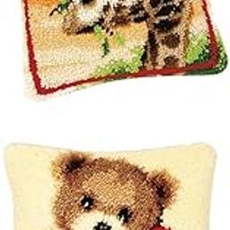 MERISHOPP® 2 Set DIY Pillows Cover Latch Hook Kits for Beginners Giraffe & Bear Pattern|Crafts | Needlecrafts & Yarn | Rug Making | Latch Hooking-picture-29