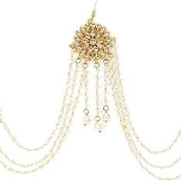 Triple Layer Kaan/ear Chain bahubali inspired Gold Tone Pearls Ear To Hair Accessory/Hair kundan stud earrings with Brooch Juda pin Hair Decoration for Women Girls for Wedding-image-55