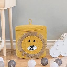 Luxe Home Cotton Lion Basket for Storage Foldable Wardrobe Multipurpose use Laundry Basket (12"X12") Baby Bucket Hamper Cloth Storage Box Kitchen,Office and Living Room (Yellow)-image-1