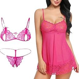 Combo Offer! Women Babydoll Nightwear Lace Bra Panty Lingerie Set-image-12