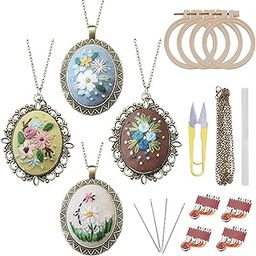 ZOCONE 4 Packs Embroidery Necklace Kits, Embroidery Pendant Kit Mini Cross Stitch Kit with 4 Hoops, Necklace, Pendant, Stamped Pattern Cloth, Instructions, etc., Embroidery Kits for Adults-picture-28
