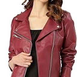 Maroon, Ladies Biker Style Fashion Leather Jacket-image-34