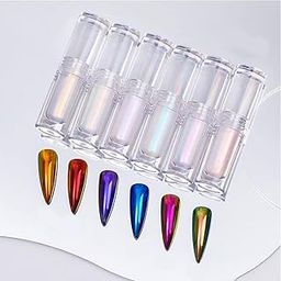 Rubyface Pearl Liquid Nail, Pearl White Pearlescent Ice Aurora Dust Nail Powder, Chameleon Holographic Chrome Iridescent, Mirror Effect Pigment High Gloss Nail Art Glitter for Home DIY Nail Tips, 2.4g X 6 Pcs Set-image-96